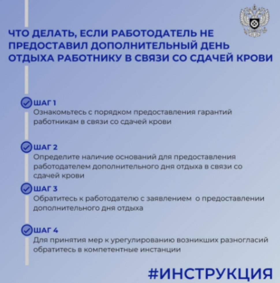 Что делать, если работодатель не предоставил дополнительный день отдыха работнику в связи со сдачей крови