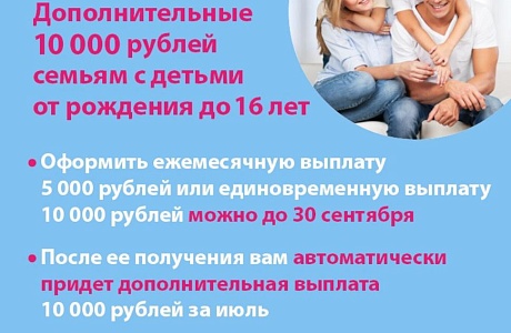 Дополнительные 10 000 рублей семьям с детьми от рождения до 16 лет Дополнительные 10 000 рублей семьям с детьми от рождения до 16 лет