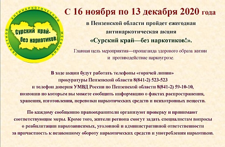 С 16 ноября по 13 декабря 2020 года в Пензенской области пройдет ежегодная антинаркотическая акция «Сурский край — без наркотиков!». К ней по традиции присоединится Пензенский госуниверситет.